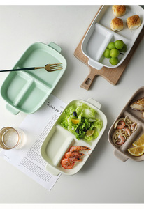 Assiette à compartiment rectangulaire à double poignée en céramique nordique, assiette à dîner à contrôle des portions, petit-déjeuner créatif, vente en gros - Product Image 6