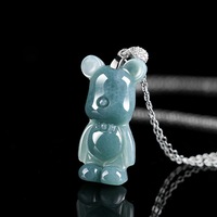 Collier pendentif ours en peluche mignon en jadéite verte naturelle sculptée à la main, avec zircon, style Kawaii, délicat, cadeau pour femme, vente en gros, OEM