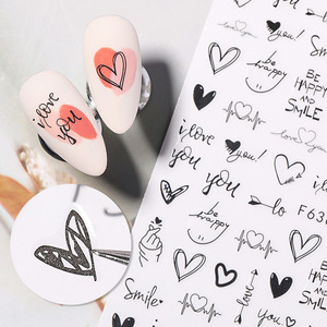 En vrac <span class=keywords><strong>manucure</strong></span> populaire adhésif presse sur les ongles colle <span class=keywords><strong>noir</strong></span> blanc fleurs amour français romantique dessin animé nouveau décalque nail art autocollant - Product Image 2