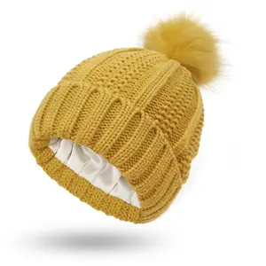 Womens Winter Chunky Cable Jacquard Knit Satin Silk Lined Thick Soft Pompom Ski Beanie Hat With Faux Fur Pom Pom