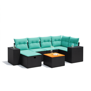 Ensemble de canapés de patio en polyrotin noir, 7 pièces, avec coussins, meubles d'extérieur, sièges de style contemporain, pour 7 personnes - Product Image 1