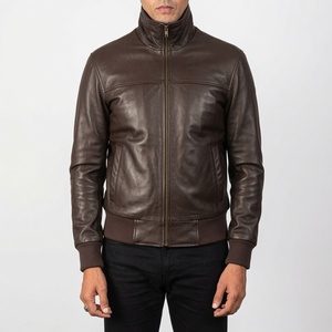Men's Brown Genuine Leather Slim Jacket Stand Collar <b>Covered</b> <b>Button</b> Breathable Regular Fit Solid Color Autumn Style Moto Biker - Product Image 2