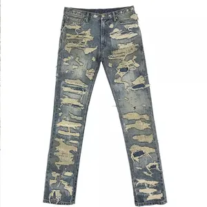 Custom OEM italian men high quality vintage denim ripped men Skinny Stretch Plain flared stacked jeans