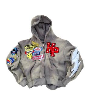 Vintage Boxy Fit 100% Cotton 460GSM Heavyweight Custom Embroidery Distressed <b>Applique</b> Patch Stone Washed Sun Fade Zip Autumn - Product Image 4