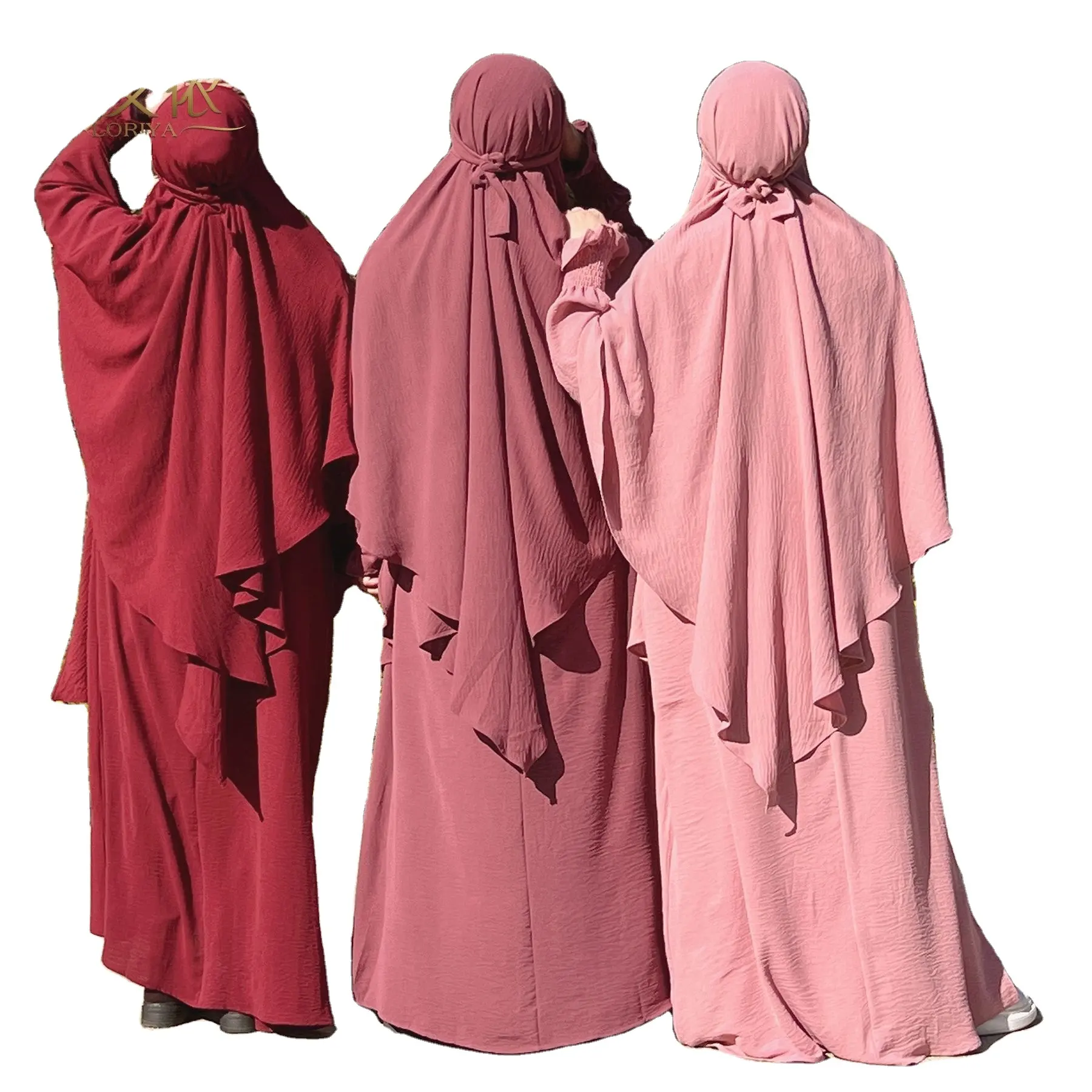 Linda mode EID vêtements islamiques pleine longueur femmes musulmanes robe papillon deux couches Khimar deux pièces ensemble Jazz crêpe Abaya