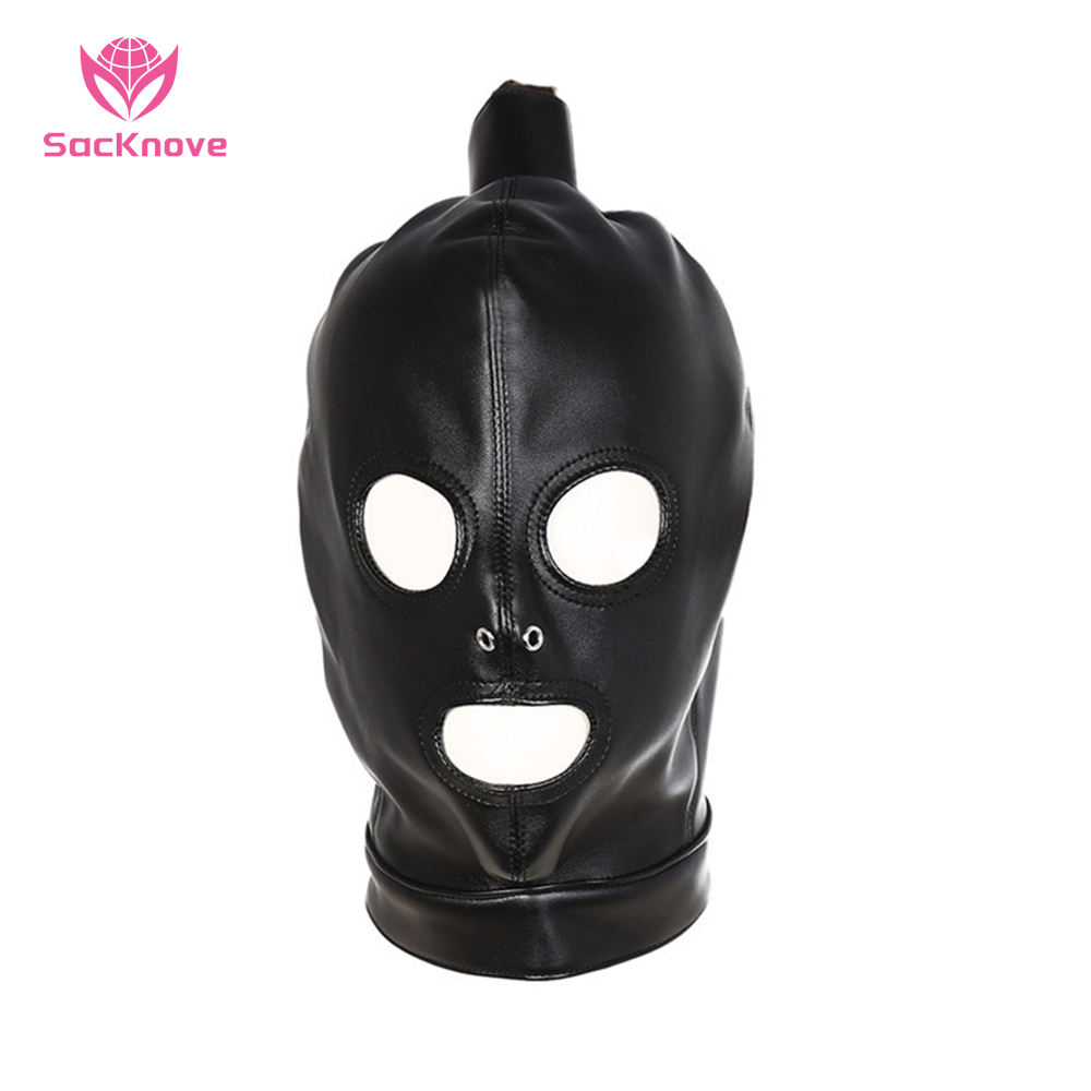SacKnove Export Top Quality Slave Bdsm Sex Toys Headhole Mask Leaks Nose Open Mouth Leather Hood Mask For Couples Bondage