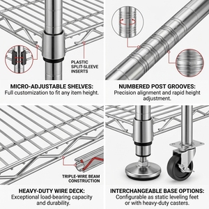 Scaffale di Stoccaggio in Acciaio a 6 Ripiani NSF, Unità di Scaffalatura Cromata, Scaffali Metallici per Garage, Ripiani in Filo Metallico per <span class=keywords><strong>Camera</strong></span> da Letto e Cucina - Product Image 3