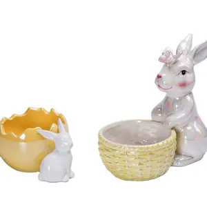 Soporte para huevos de conejo, decoración de porcelana fina multicolor pintada a mano, 3-3/4 pulgadas