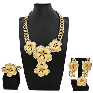 Juego de Joyería de Flores Chapadas en Oro Zhuerrui, Collar de Cadena Gruesa con Flores Esmaltadas, Juego de Aretes y Pulsera para <span class=keywords><strong>Mujer</strong></span> H20188 - Product Image 1