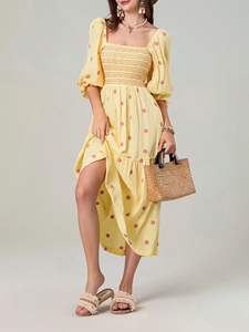 Vestido Maxi Casual de Verano para Mujer, Nuevo Estilo, Bordado Floral, 100% Algodón Tejido, Cintura Natural, Cuello Redondo, Manga Corta - Product Image 5