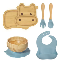 Ensemble d'alimentation pour bébé en silicone et bambou, assiette à dîner à motif animalier, bol à ventouse et bavoir, bol d'alimentation facile à nettoyer, assiette pour bébé en bambou à motif animalier