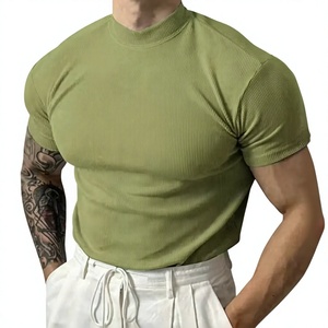 Men's Olive Green Ribbed <b>Mock</b> <b>Neck</b> Short Sleeve T-Shirt Slim Fit Breathable Knitted Pullover Summer Casual Gym <b>Top</b> - Product Image 1