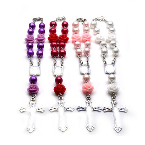 Bracelet chapelet en perles de verre blanches de 8 mm avec croix, style religieux catholique pour couple, chaîne décorative - Product Image 5