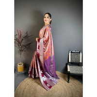 Saree Sutra Ungu dan Oranye Wanita dengan Motif Gajah, Pakaian Pernikahan Tradisional Etnis Gaya India Pakistan