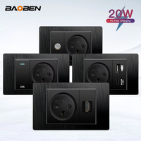 BAOBEN Prise murale USB Type C à charge rapide, standard israélien, en PC noir brossé, avec interrupteur d'éclairage, pour télévision satellite, téléphone, CAT5, CAT6
