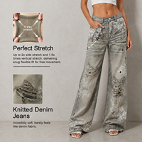 Pantalon décontracté pour femme en jean droit déchiré et vieilli avec empiècements en dentelle, design vintage, taille mi-haute, coupe ample, idéal pour l'été