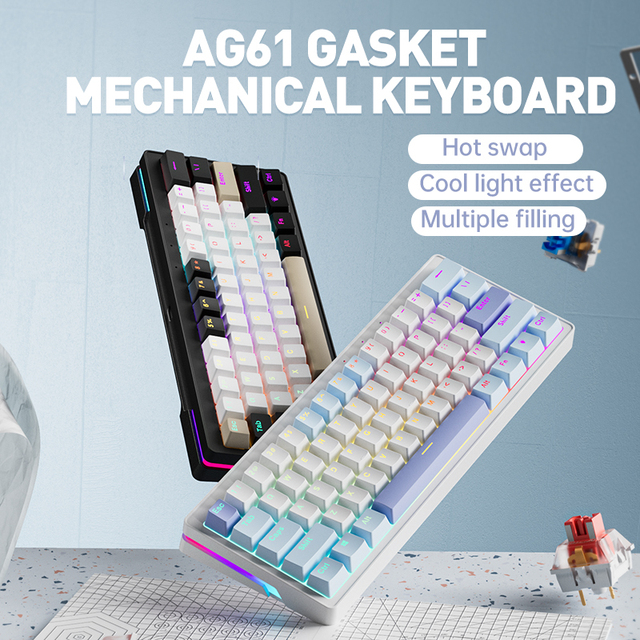 AG61 Wired RGB Backlit 61 Keys Blue&White Keycaps Compact 60% Wire USB 60% Mechanical Gaming Keyboard Yellow Switch