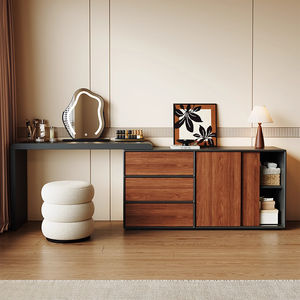 Coiffeuse moderne rétro française du milieu du siècle Tiroirs de poitrine intégrés Noyer éclairé Coin rétractable Maquillage Chambre Hôtel - Product Image 3