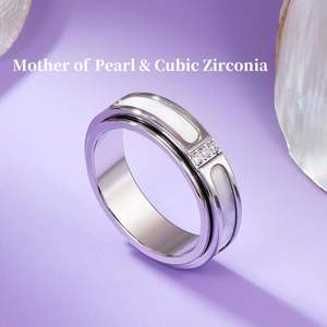 Bague anti-stress en acier inoxydable plaqué or 18 carats avec nacre et zircon cubique en forme de fleur, bijou apaisant pour femme - Product Image 4