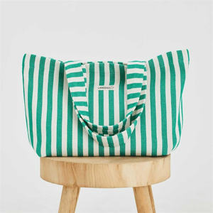 Sac fourre-tout d'été pour femme extra large portable vert blanc rayé sergé de coton résistant à l'eau ouvert pour les voyages à la plage - Product Image 2