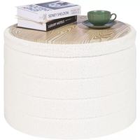 Otomana Redonda Moderna con Almacenamiento, Tapicería Bouclé, Mesa de Centro y Reposapiés, Funda Extraíble para Sala de Estar, Dormitorio, Pasillo - Blanco