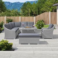 Ensemble de meubles durables pour foyer d'extérieur Table de patio en rotin Cheminée de jardin carrée Brûleur à gaz Cour au propane sans fumée
