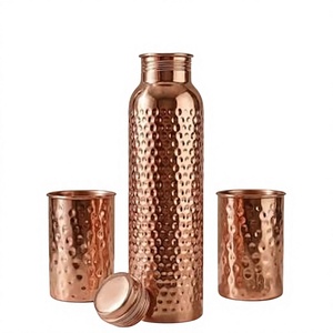 Bouteille d'eau en cuivre avec deux couvercles, design martelé, ensemble de vaisselle de voyage portable - Product Image 1