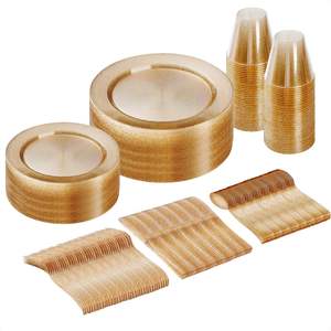 Fournitures de fête et de vacances : Ensembles de vaisselle <span class=keywords><strong>jetable</strong></span> en plastique doré, assiettes à dessert, couverts argentés, avec bordures or rose pour <span class=keywords><strong>mariage</strong></span> et fête - Product Image 2