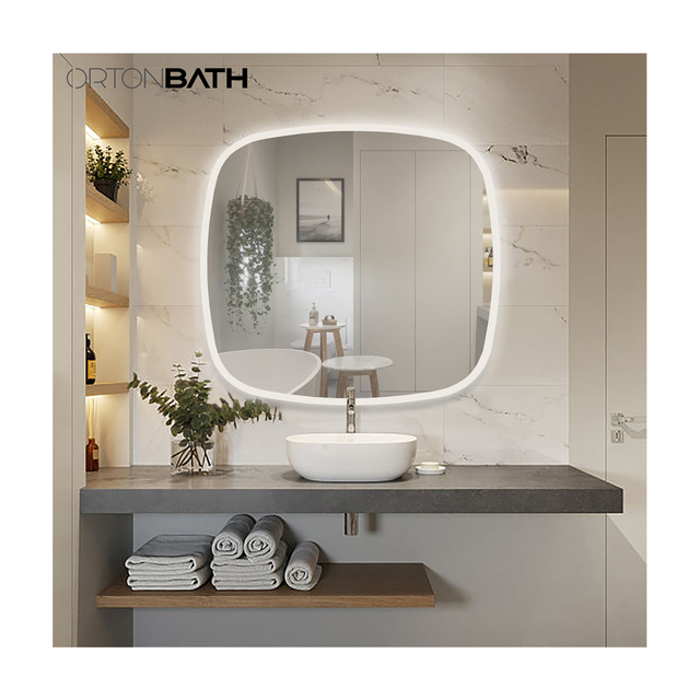 ORTONBATH Irregular Shape Square LED Bathroom Vanity Wall Mirror, Makeup Mirror with Anti-Fog Touch Switch (Front-lit&Backlit)