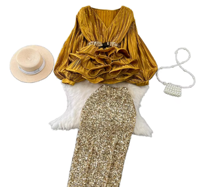 S1240Y 2026 Completo da Donna di Alta Gamma <span class=keywords><strong>Chic</strong></span>, Stile Socialite alla Moda, Top con Vita Aderente e Volant, Abito da Sera a Vita Alta con Paillettes - Product Image 1