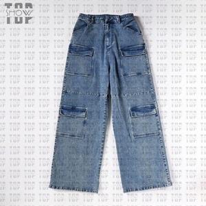 Pantalones Vaqueros Rectos de Mezclilla Estilo Urbano OEM con Bordado de Llamas, Estilo Vintage con Bordes Deshilachados para Hombre - Product Image 1