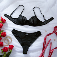 Set Lingerie Wanita Seksi Tipis Berbahan Jaring Transparan, Bra Minimizer Berdetail Kerut dan Celana Dalam, Warna Kopi Hitam, 2 Potong, Baru, Grosir, Custom OEM