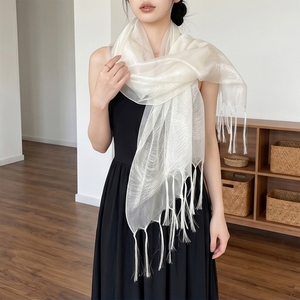 Iridescent Sheer Organza 100% Mulberry Silk Shawl Long Tassel Fringe <b>Wrap</b> Scarf Bridal Shoulder Cover Up for Wedding Party Dress - Product Image 1