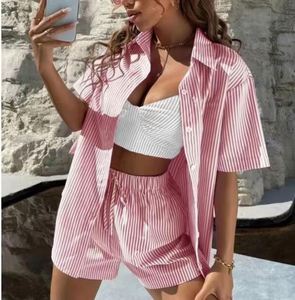 Conjunto de Dos Piezas Casual de Moda para Mujer I-0607, Estilo Americano, Cuello de Solapa, Camiseta de Punto a Rayas de Manga Corta hasta la Rodilla - Product Image 5