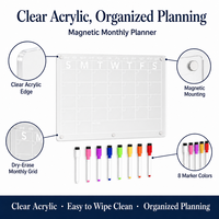 Tableau de planification mensuelle magnétique transparent personnalisé avec 8 marqueurs colorés pour réfrigérateur, maison, bureau, mur, calendrier en acrylique