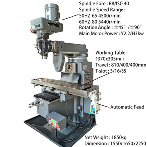 4HW Vertical and <strong>Horizontal</strong> Turret <strong>Milling</strong> <strong>Machine</strong> <strong>Table</strong> Size 1370x305mm Y-axis Rotation &plusmn;90&deg;+45&deg; Automatic Feed Voltage 380V - Product Image 2