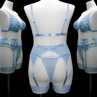 Bodysuit seksi berbahan poliester dengan renda Prancis, pita kain dobby, dan bordir bunga, model Foshan Sia-091, ODM.