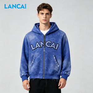 Sudadera con capucha y cremallera Lancai con lavado ácido y bordado de pedrería, unisex, estilo urbano, oversize, personalizada, con cristales brillantes, vintage - Product Image 3