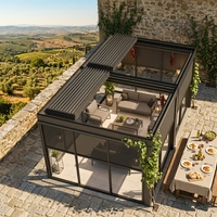 Pergola de luxe en aluminium style antique Sweet Home avec murs coulissants en verre, toit rétractable motorisé à lames orientables, auvent et gazebo pour extérieur