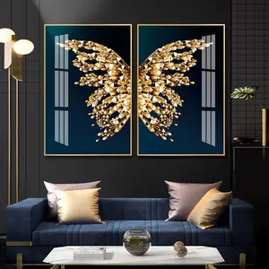 Custom Modern Luxury Nordic Pictures Gold Butterfly Animal Abstract Crystal Porcelain Wall Art Painting For Living Room Decor