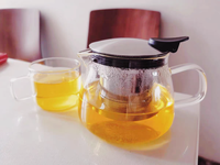 Bouilloire à thé moderne en verre borosilicate de 450 ml, écologique, avec infuseur en acier inoxydable et couvercle, motif floral transparent, pour bureau et maison