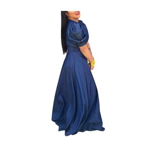 Vestido Maxi Casual de Lino y Mezclilla con Cuello Redondo y Manga Abullonada de Color Liso para Mujer - Novedad al por Mayor - Product Image 2