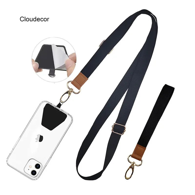 Unisex Crossbody Mobile Phone Necklace Lanyard Keychain Pastable Black Patch Sticker Card Long Short Wrist Strap Set Phone Strap