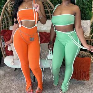 Viviblook K24ST165 Ribbed Women's Sets Athletic Wear Patchwork Streetwear Jumpsuit With <b>Tube</b> Top 2 Piece Tweed Set Women Summer - Product Image 2