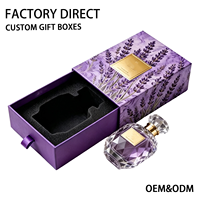 Boîte rigide personnalisée violette avec tiroir, thème floral, insert en éponge, logo estampé à chaud en couleur or, emballage pour coffret de parfum, fabrication en usine