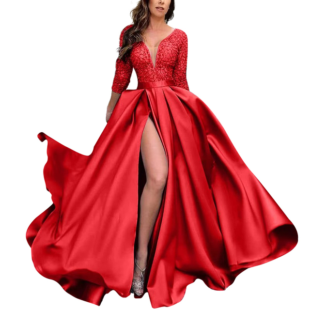 Glamorous V-neck Long Sleeve Floor-length Party Dress Satin Lace A-Line Evening Dresses for Women Wedding Prom