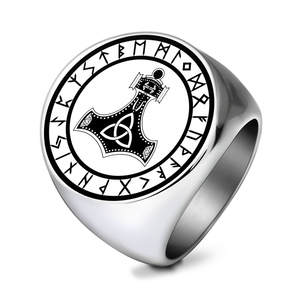 R049 토르의 망치 묠니르 바이킹 룬 서클 켈트 부적 보석 레이저 새겨진 스테인레스 스틸 링 - Product Image 2