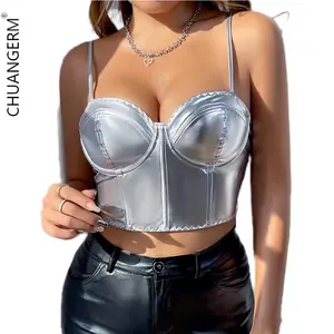 Chuangerm Oem 2024 Glossy Sexy Nightclub Style Steel Ring Fishbone Breast Buckle Summer Vest With Exposed Navel For Hot Girls