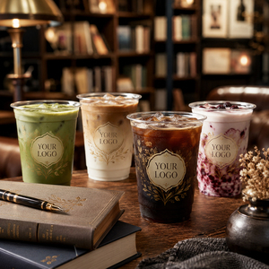 แก้ว PET ใสพร้อมฝาปิดสำหรับร้านกาแฟบูติก ร้านอาหารในเมือง ร้านน้ำชา ร้านสมูทตี้ และร้านบ๊อบาบาร์  ออกแบบโดยคุณ - Product Image 1