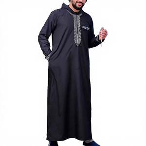 HIgh Quality Embroidery Moroccan Black <b>Men</b> <b>Thobe</b> Robe Breathable Polyester Zipper Pockets Modest Islamic Ankle Length from india - Product Image 6